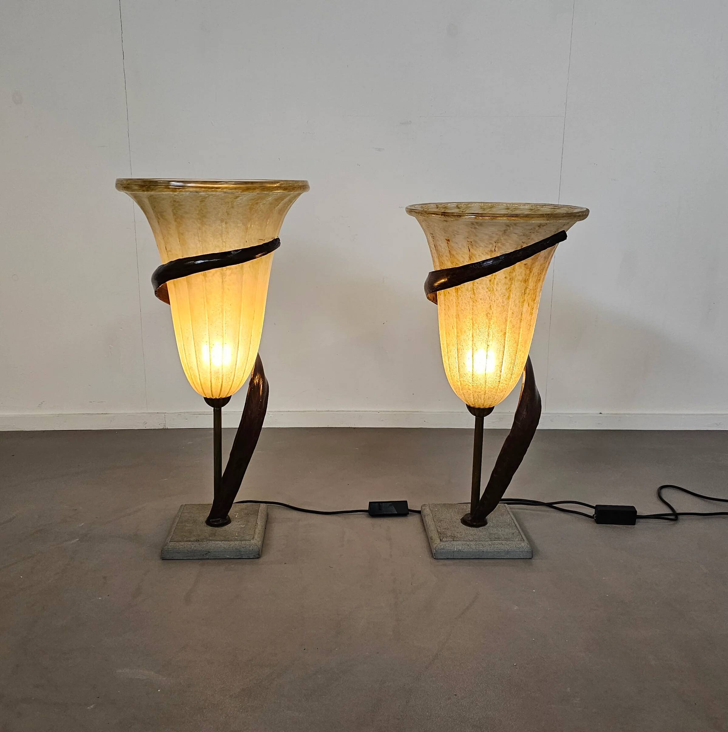 Large Jugendstil floor / table lamps, Roberto Galli, stone base with Italian glass shade