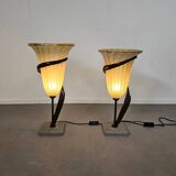 Large Jugendstil floor / table lamps, Roberto Galli, stone base with Italian glass shade