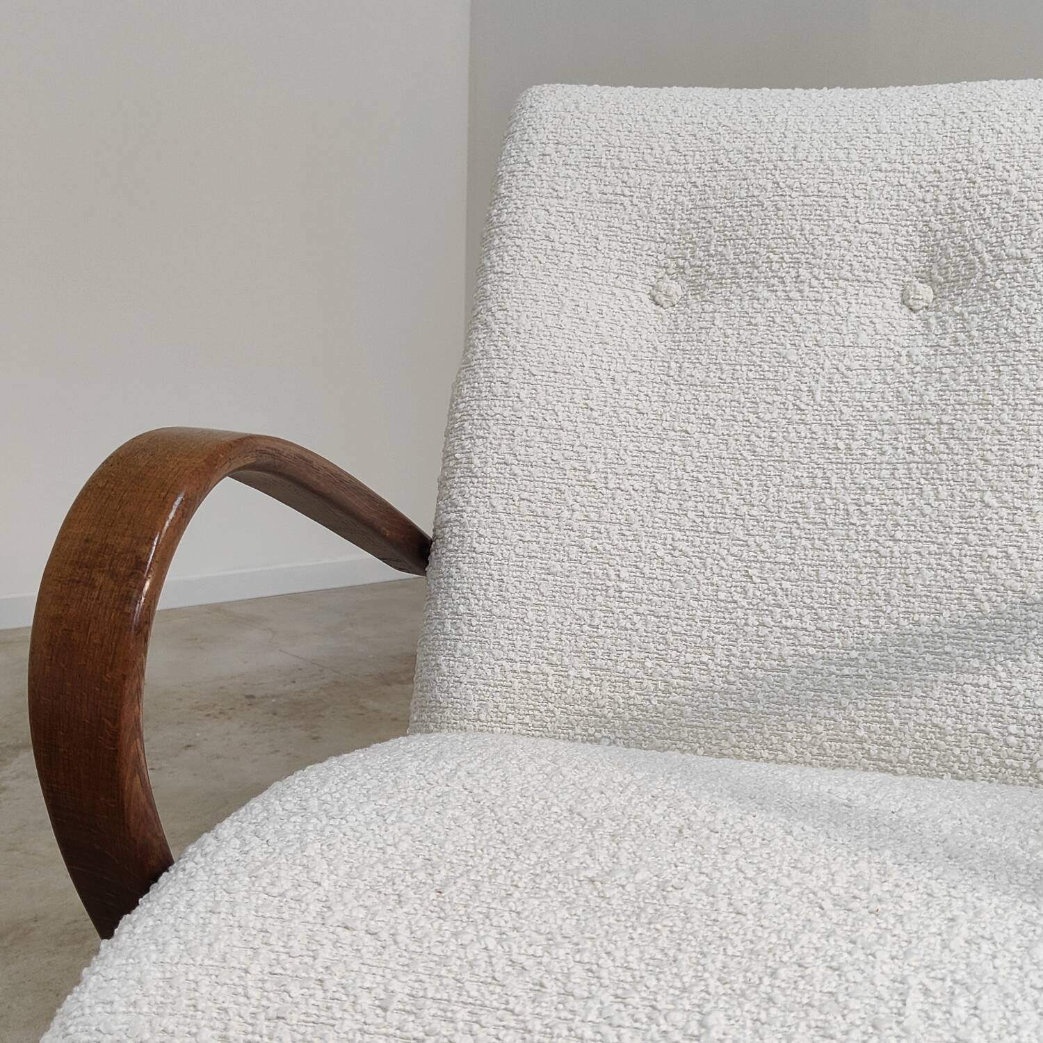 Pair of Jaroslav Smidek armchairs for Ton Bystrice, restored with white boucle, 1960.