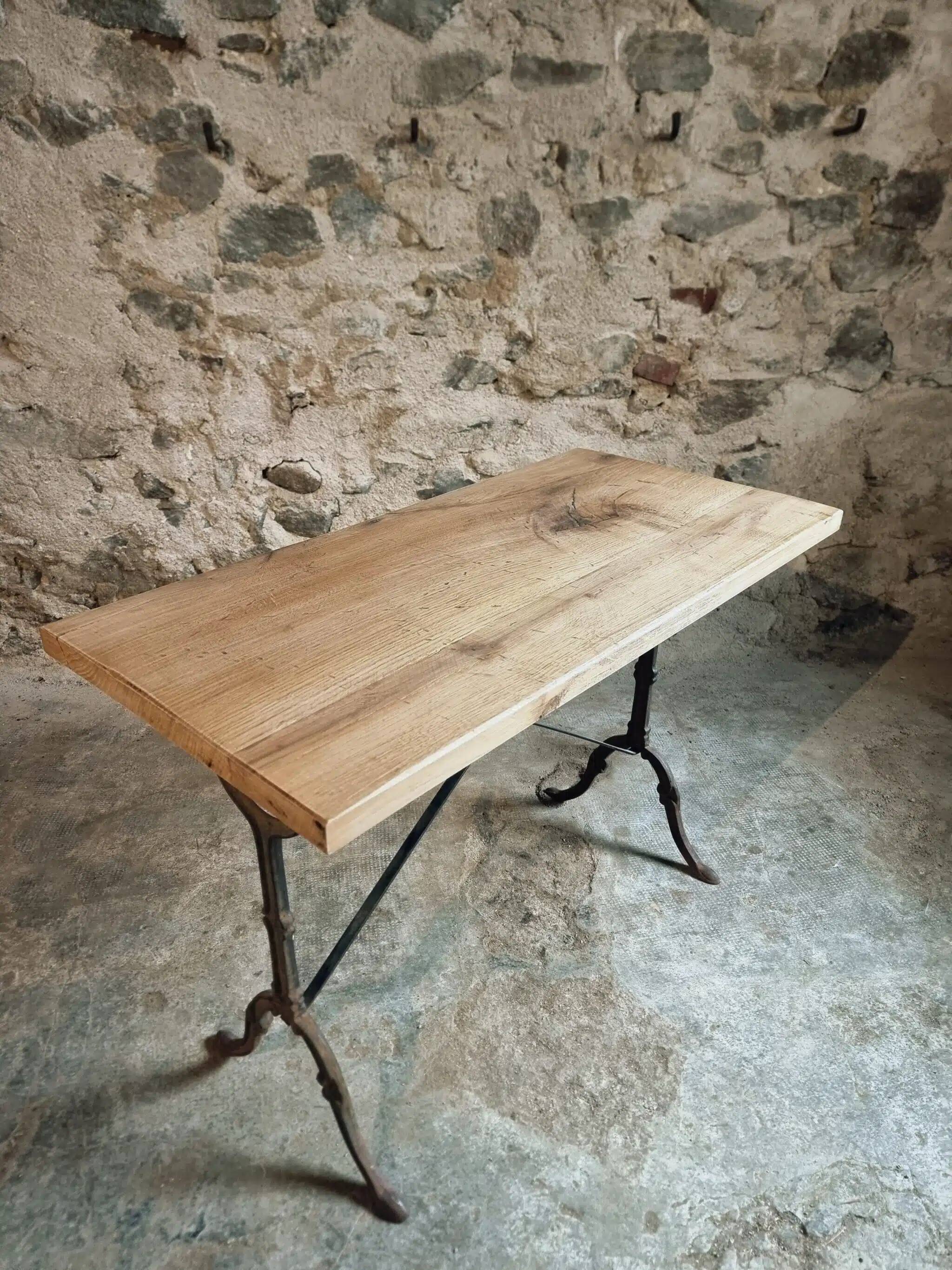 Vintage French bistro table - 1960s/70s cast iron base with solid oak top - retro coffee or wine table