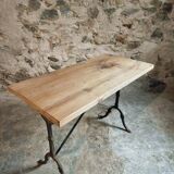 Vintage French bistro table - 1960s/70s cast iron base with solid oak top - retro coffee or wine table