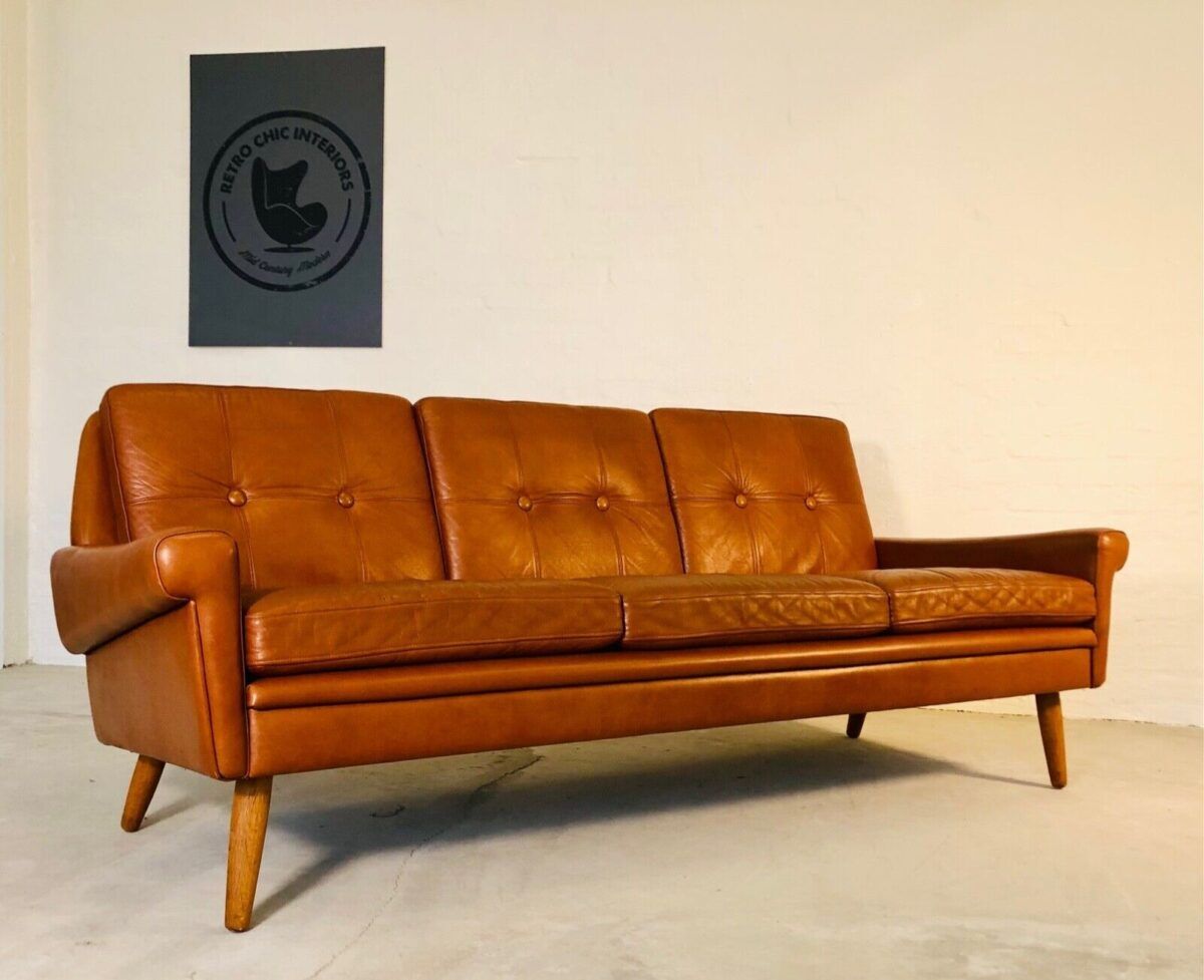 Canapé Svend Skipper vintage danois des années 60 en cuir cognac pour 3 personnes.