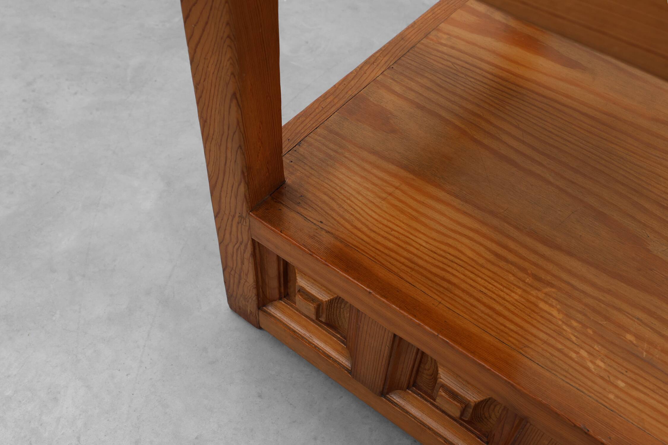 Pair geographical designed square Biosca coffee tables in pine wood, Spain