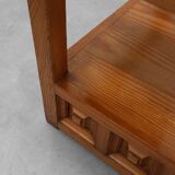 Pair geographical designed square Biosca coffee tables in pine wood, Spain