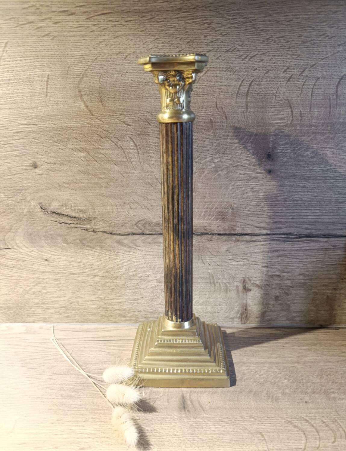 Golden brass candlestick, Corinthian style, vintage