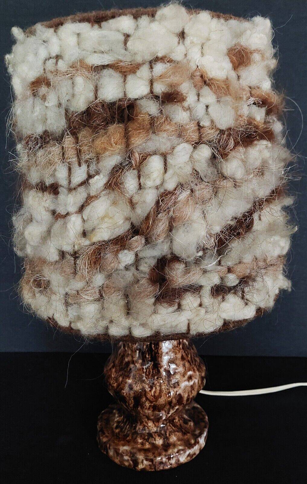 Vintage bedside lamp with wool shade and varnished terracotta base from the 60s