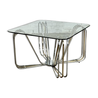 Table basse vintage en verre avec structure chrome/laiton