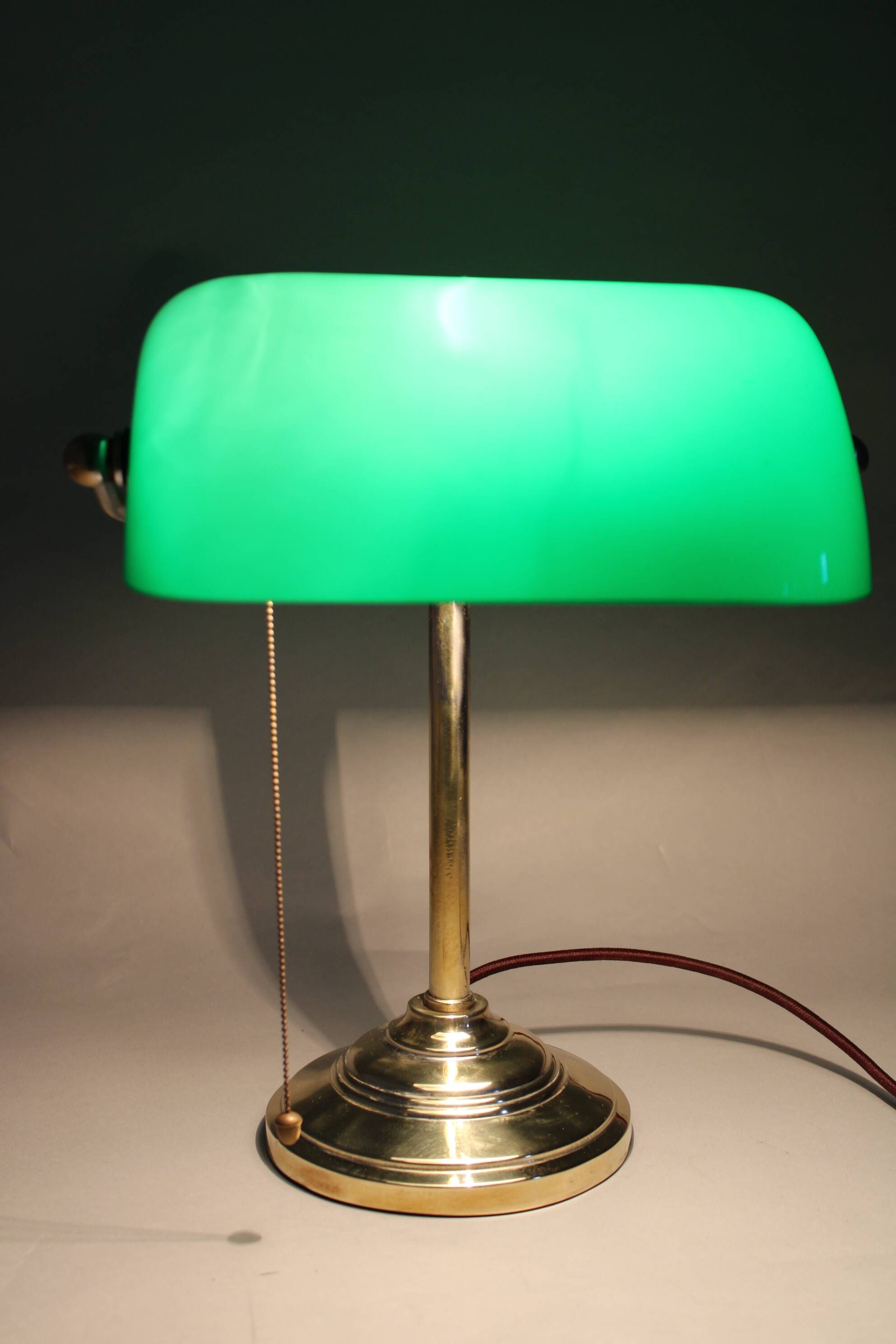 1930s Art Deco Brass  Banker Table Lamp with Glass Shade, Czechoslovakia