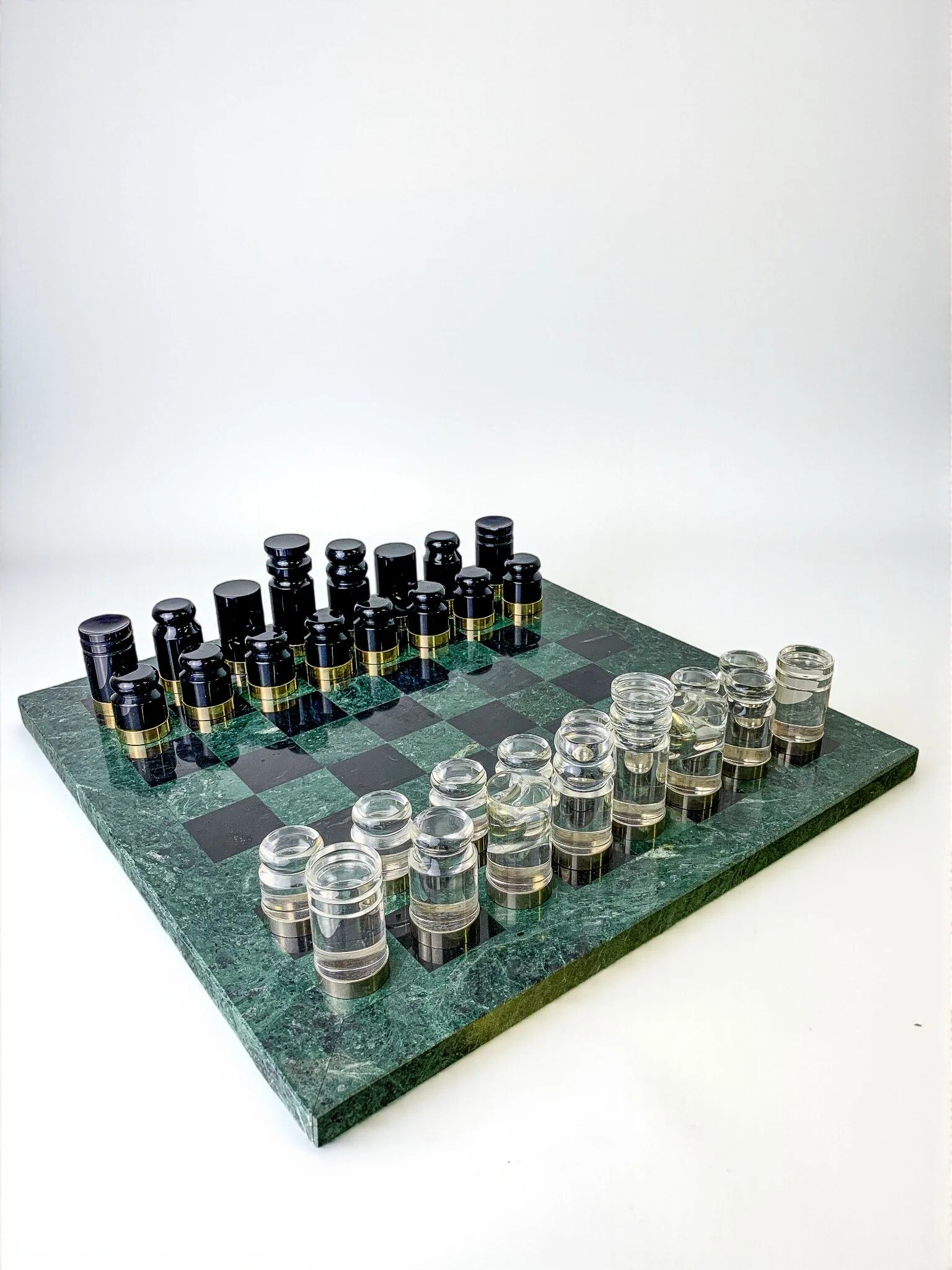 Acrylic & gilt brass chess set with marble board, Italy, 1970s