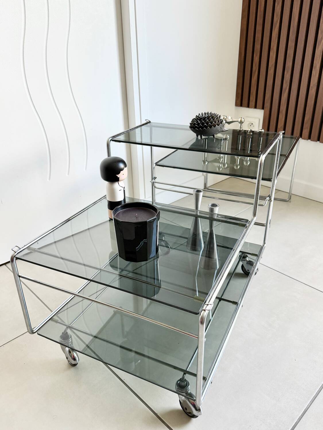 Coffee table / chrome and smoked glass by Max Sauze