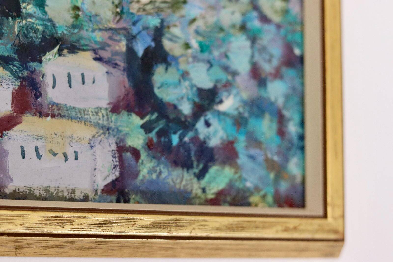 Original mid-century Swedish oil on panel "Village" by Bertil Wahlberg.