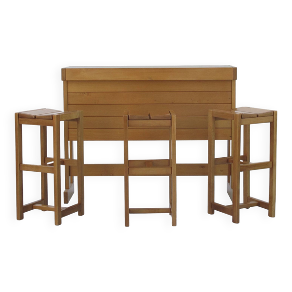 Bar et tabourets hauts en orme massif édités par le groupe Regain année 80