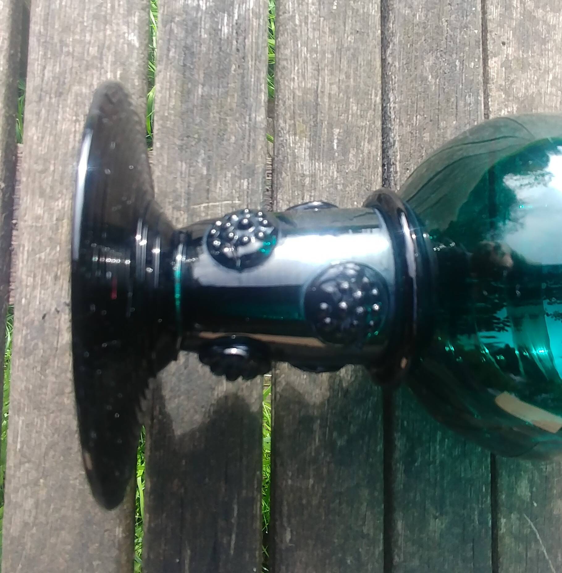 Six Roemer glasses in green blown crystal with "pastilles" decoration