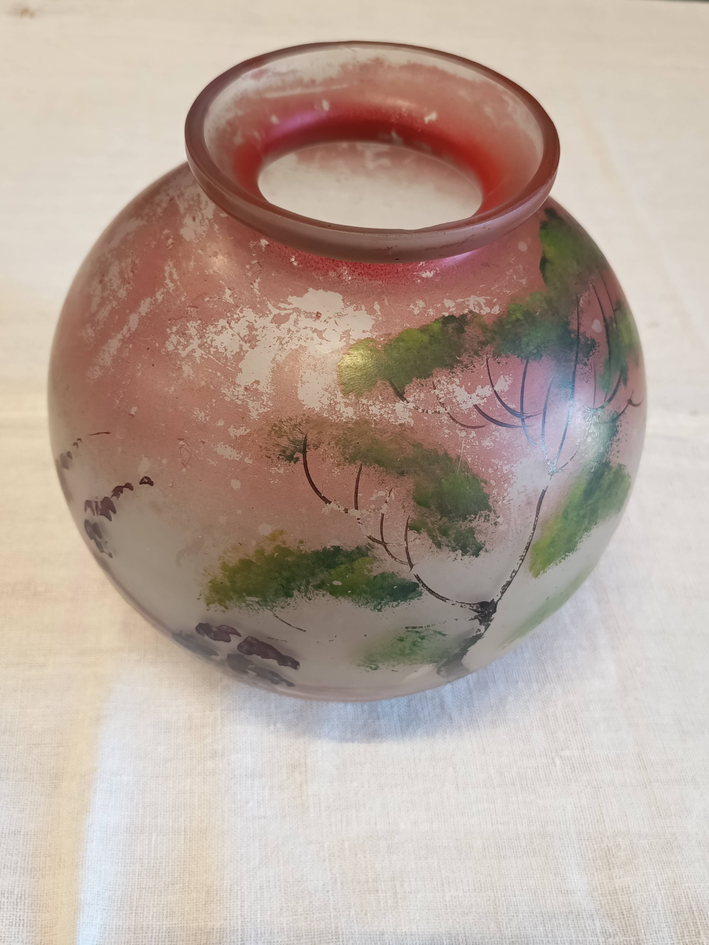 Round glass vase decorated with a landscape according to JS Peynaud.