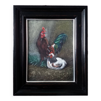 Tableau animalier, Poule et coq.