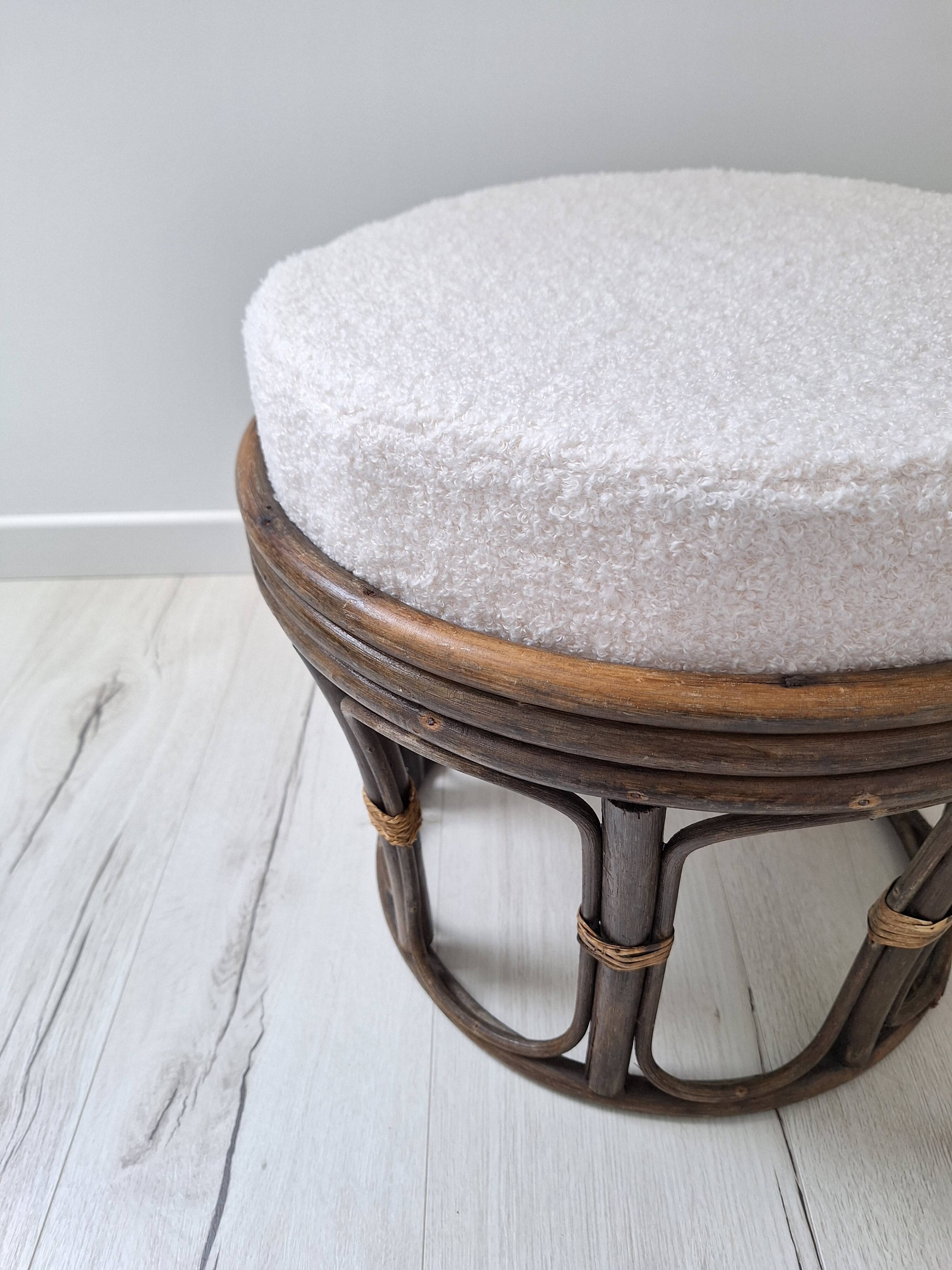 Vintage rattan and French terry fabric pouf