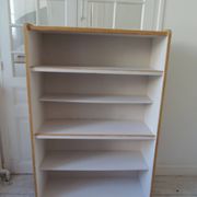 Vintage library in oak veneer, pearl grey interior, metal legs.