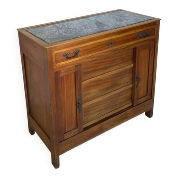 Art Deco style chest of drawers in cherry and walnut wood.