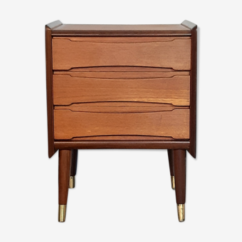 Norwegian bedside table with 3 drawers, teak and brass clogs