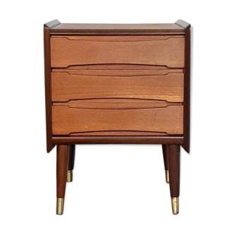 Norwegian bedside table with 3 drawers, teak and brass clogs