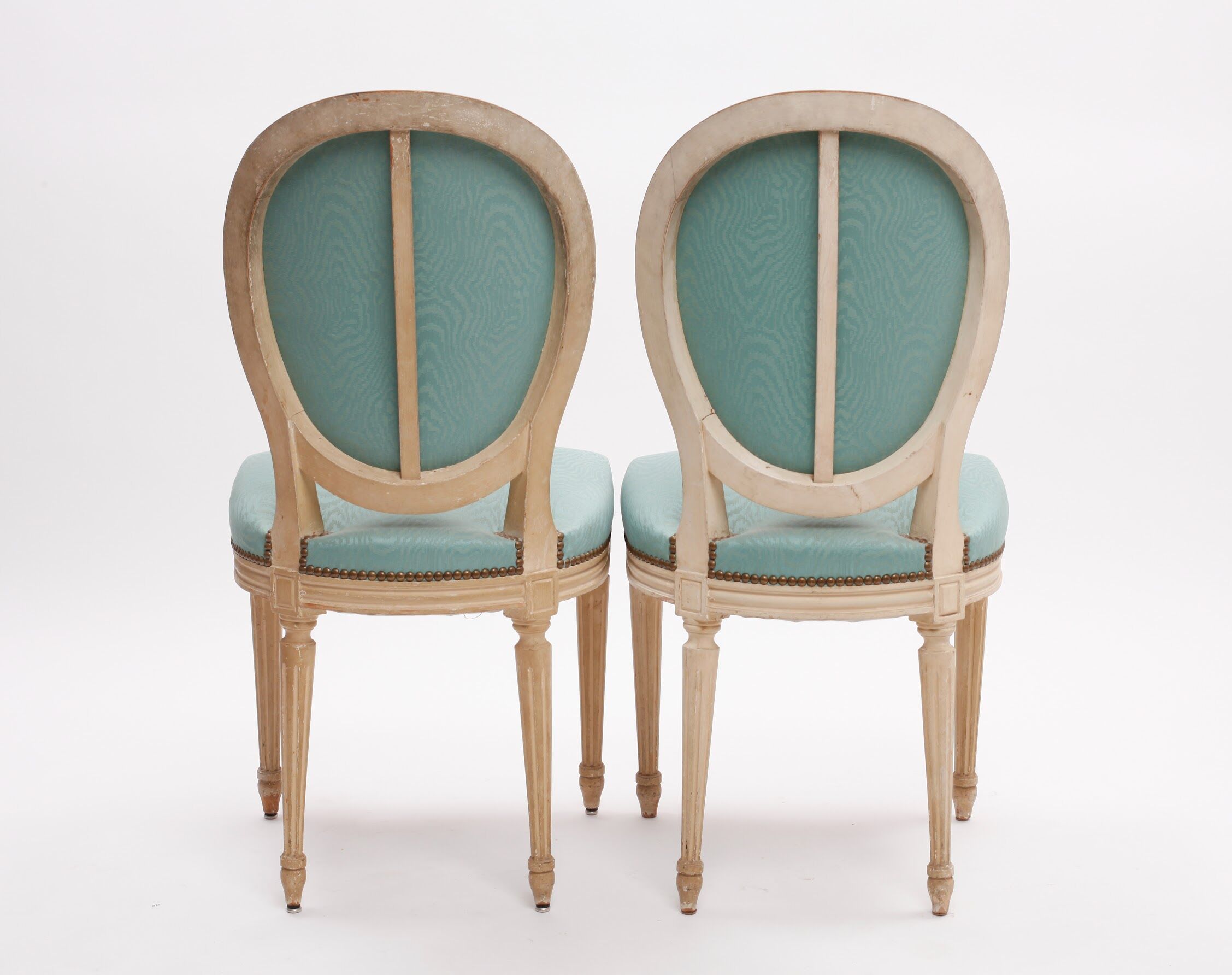 Pair of Louis XVI style armchair medallion chairs in turquoise blue color