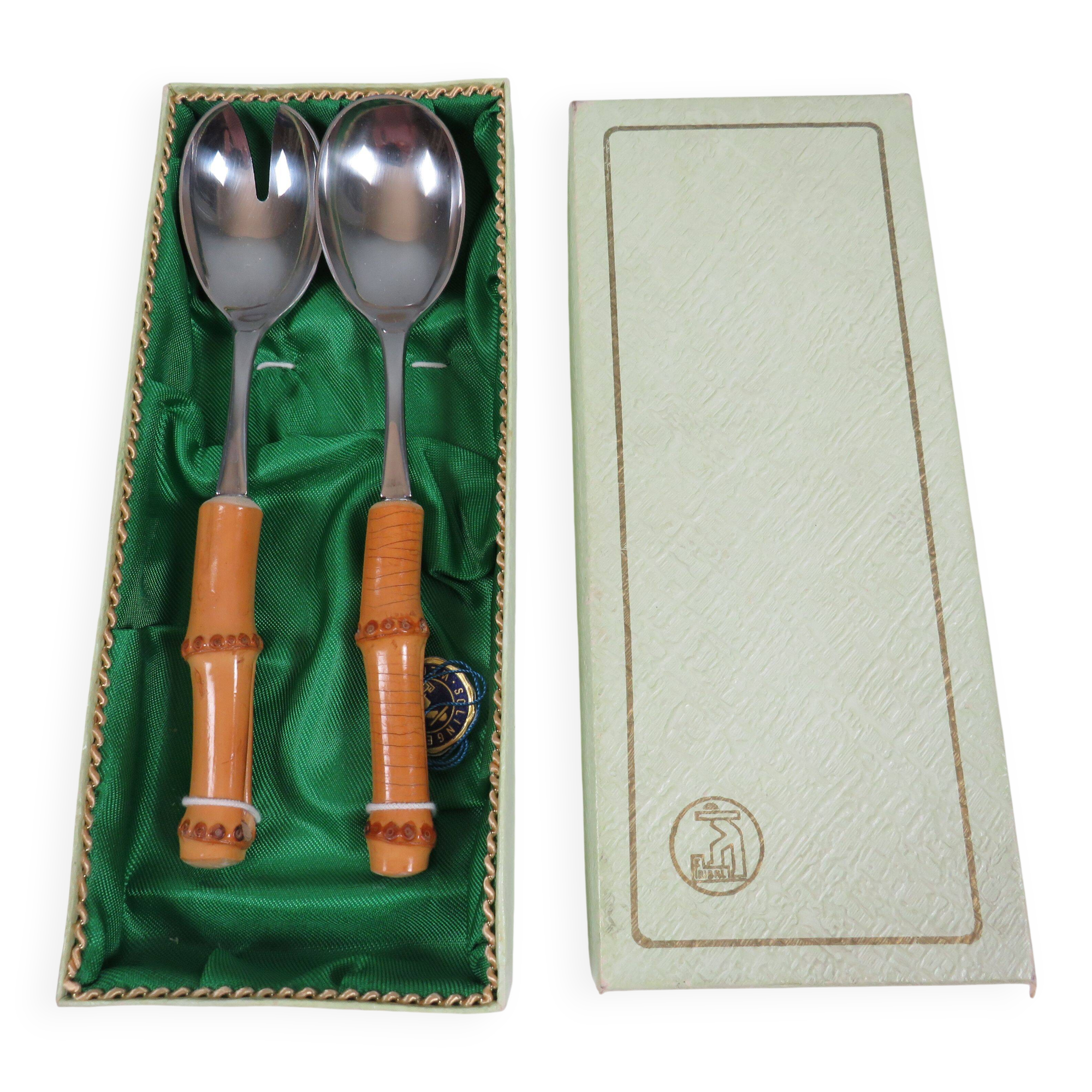 Vintage salad service Solingen in stainless steel and bamboo – Germany