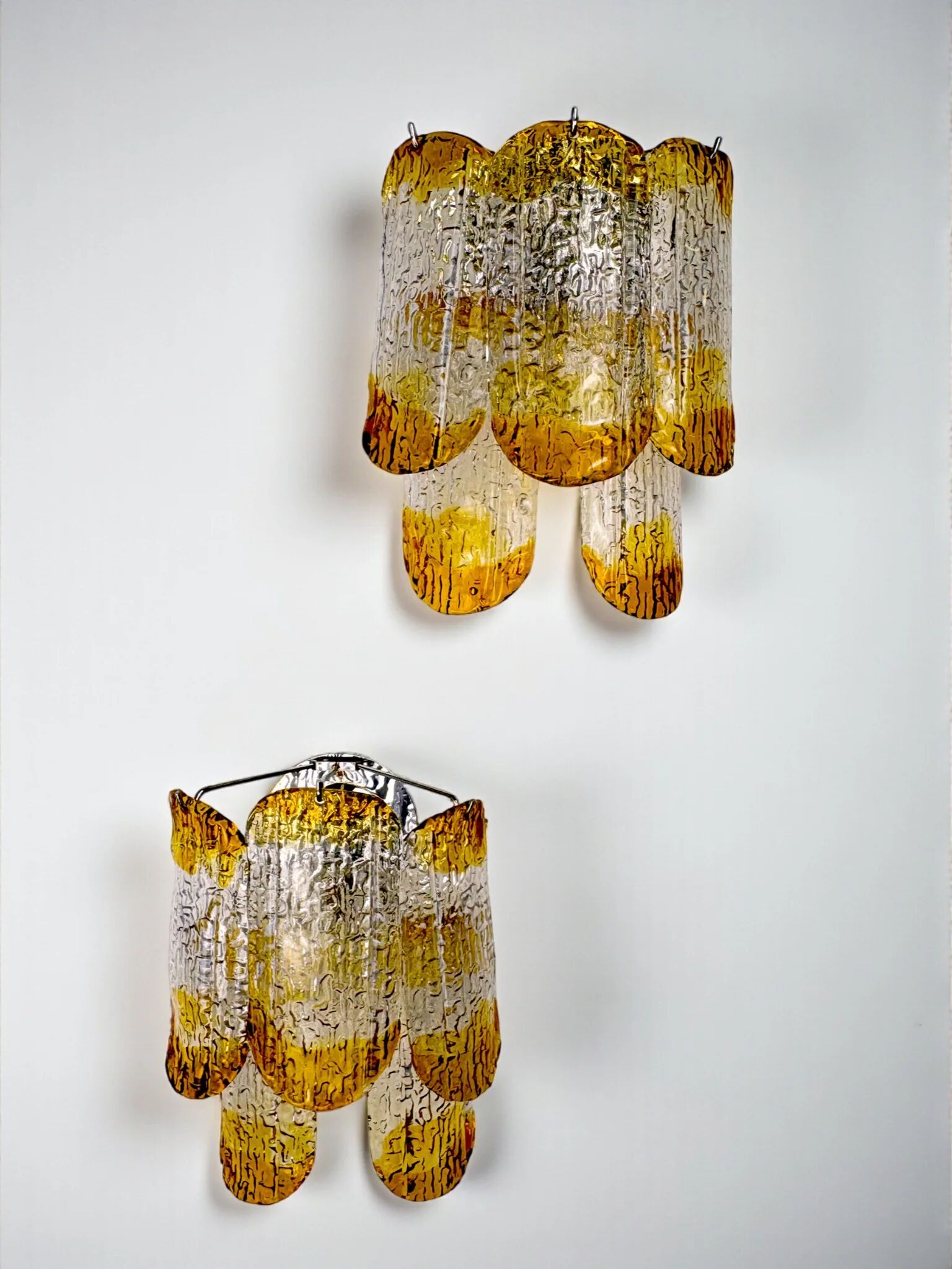 Pair of two-tier Mazzega Murano wall sconces, orange frosted glass, Italy, 1960s