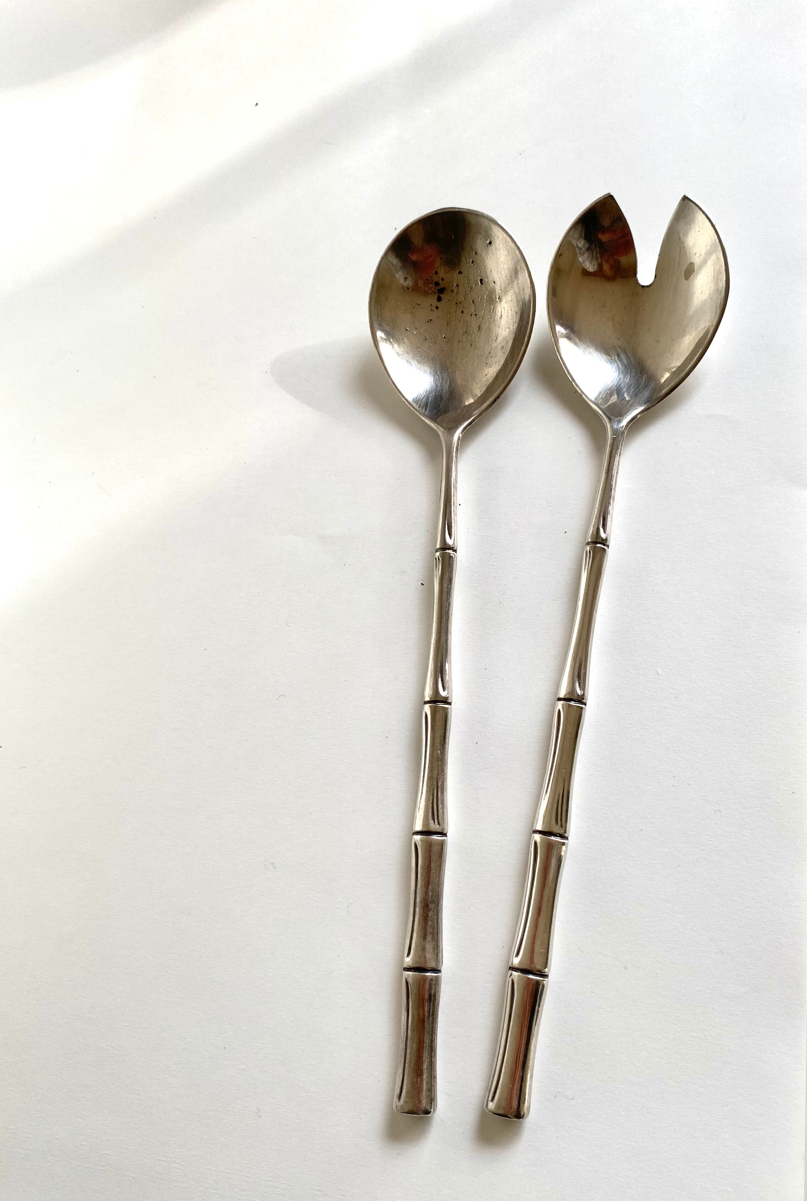 Silver metal service cutlery, bamboo model
