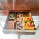Mahogany game table and mahogany veneer, rolling half-moon console or round table.