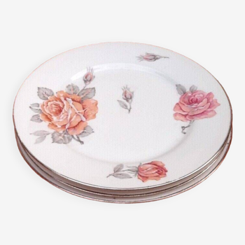 3 assiettes plates  Porcelaine blanche à décor de roses