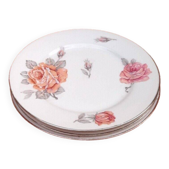 3 white porcelain dinner plates decorated with roses