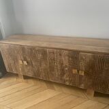 Sideboard wood Mango tree 177x45cm 4 doors 2 shelves black patterns Goa