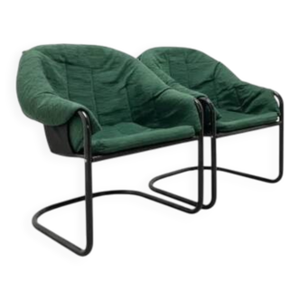 Retro FIAM armchairs Italy 1980s – black metal frame & green upholstery (set of 2)