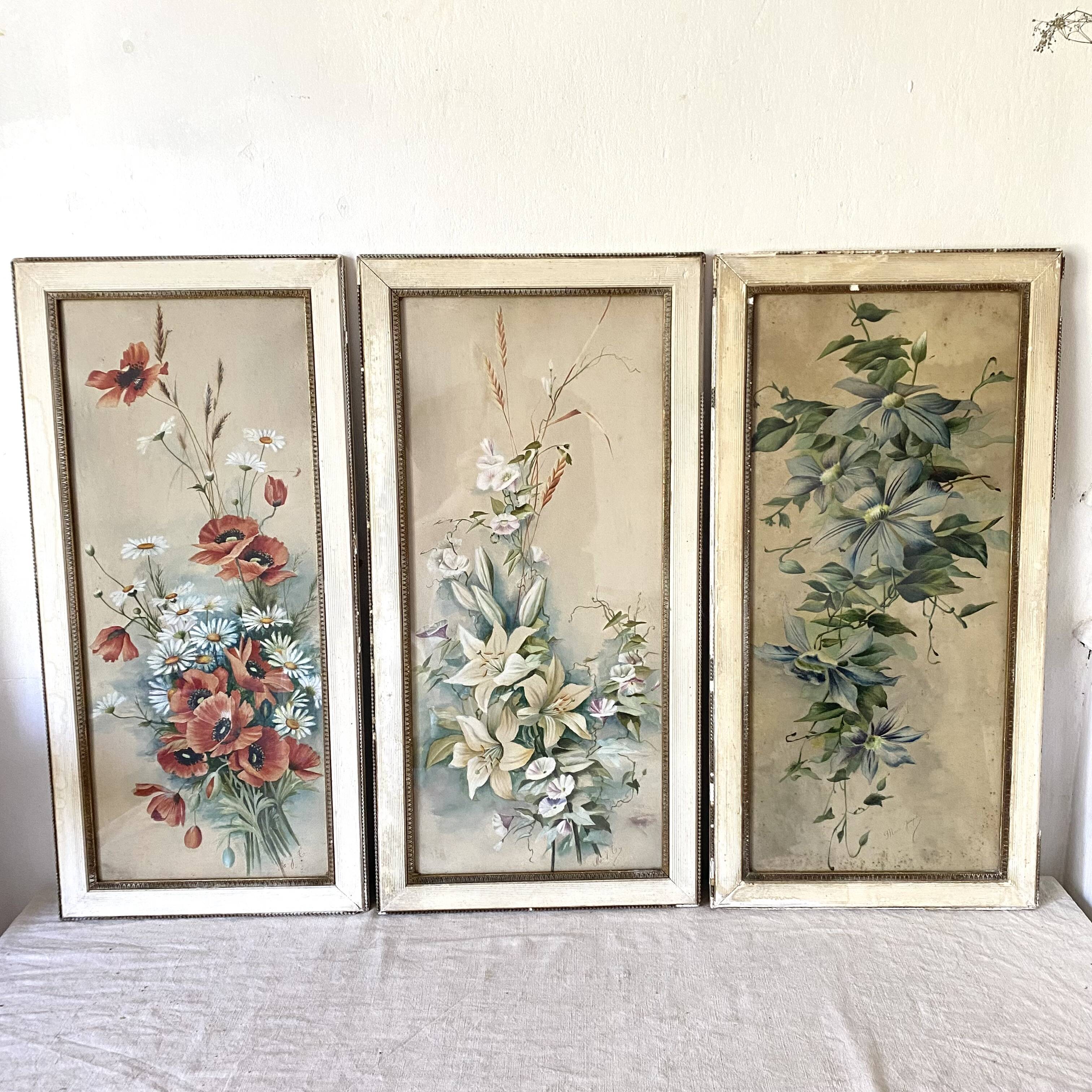 Triptych of old watercolors, flowers, 19th century
