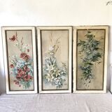 Triptych of old watercolors, flowers, 19th century
