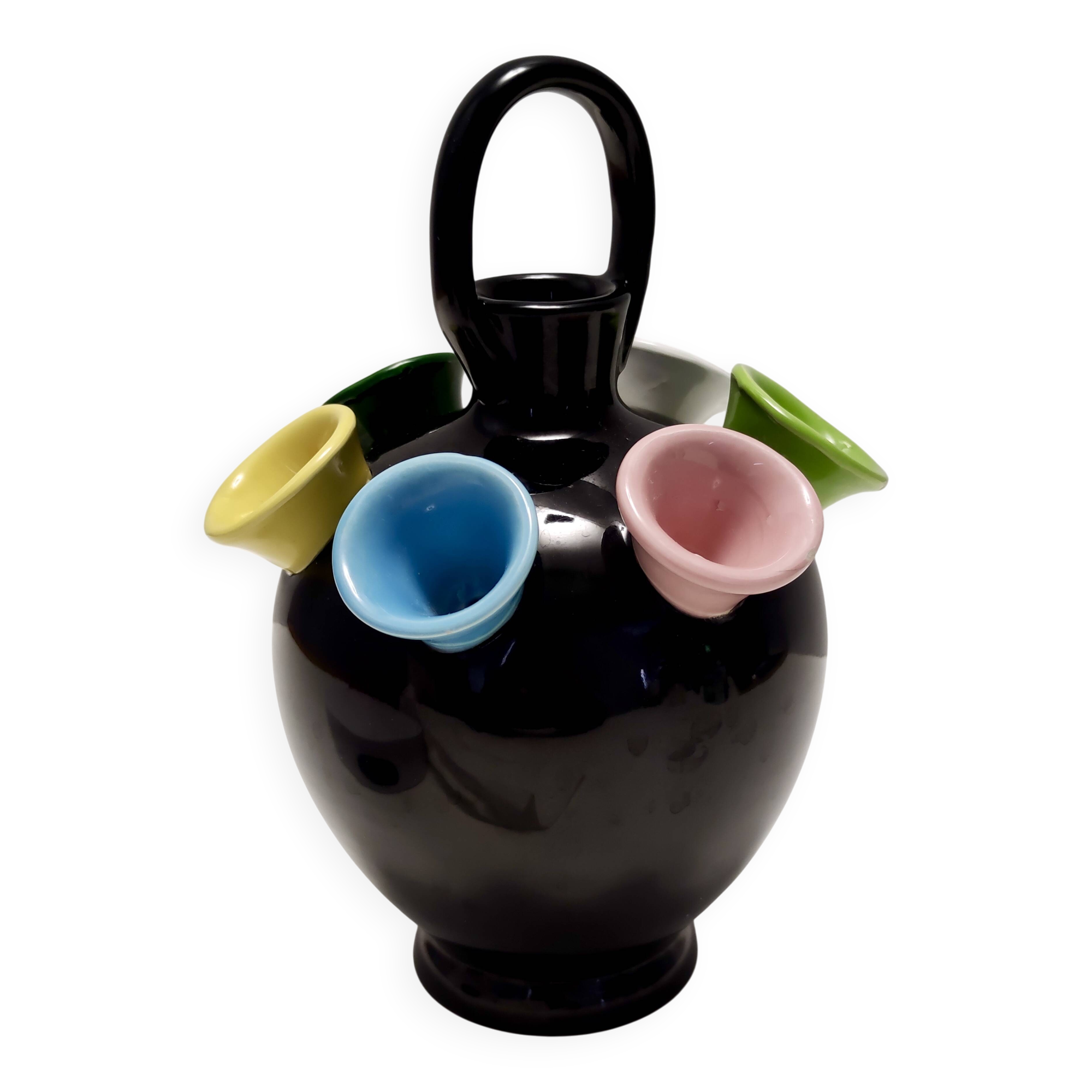 Vintage Black Lacquered Ceramic Tulip Vase Ascribable to Pucci Umbertide, I