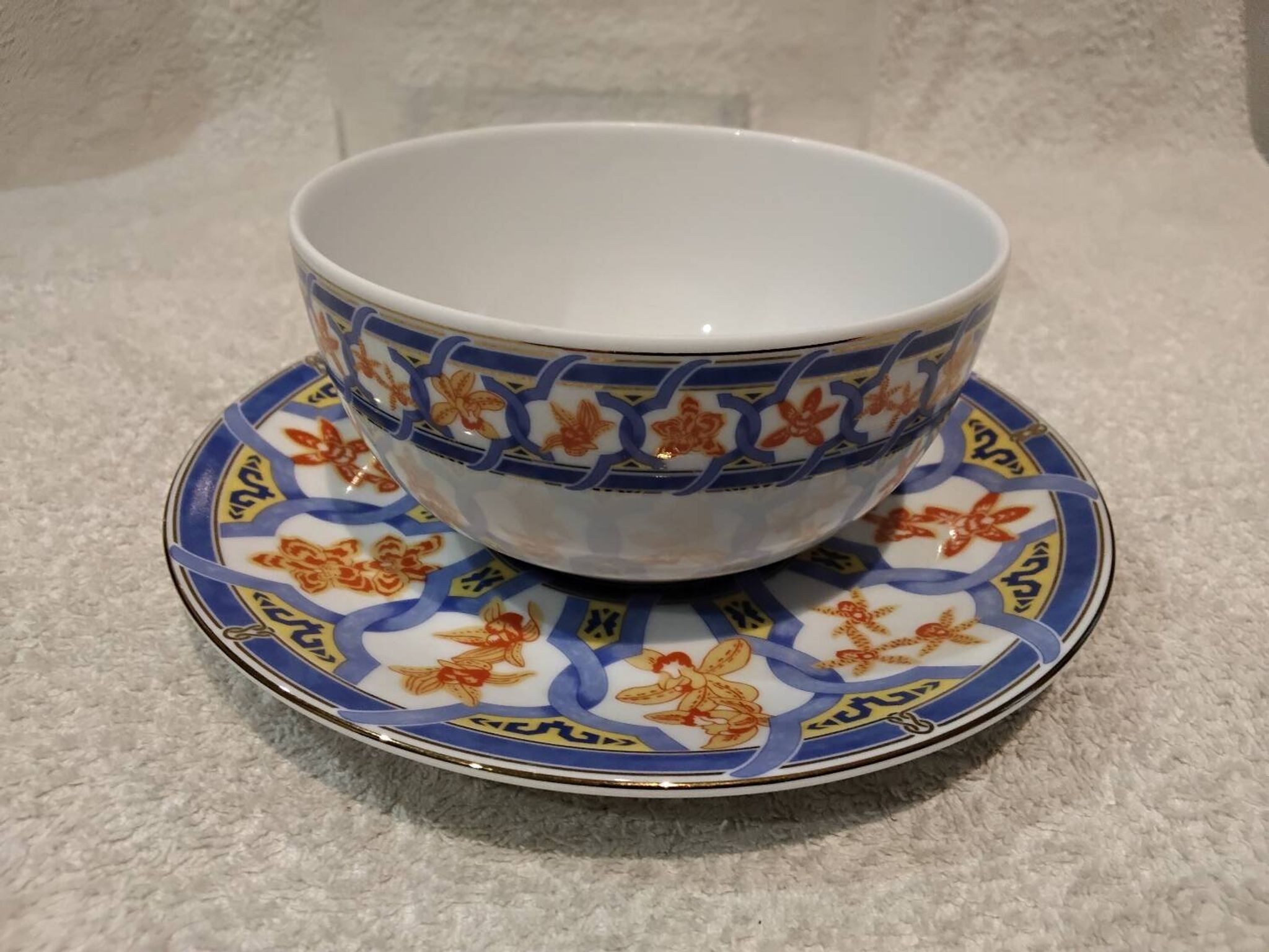 Christofle blue ginkgo porcelain breakfast cup and saucer, 35cl