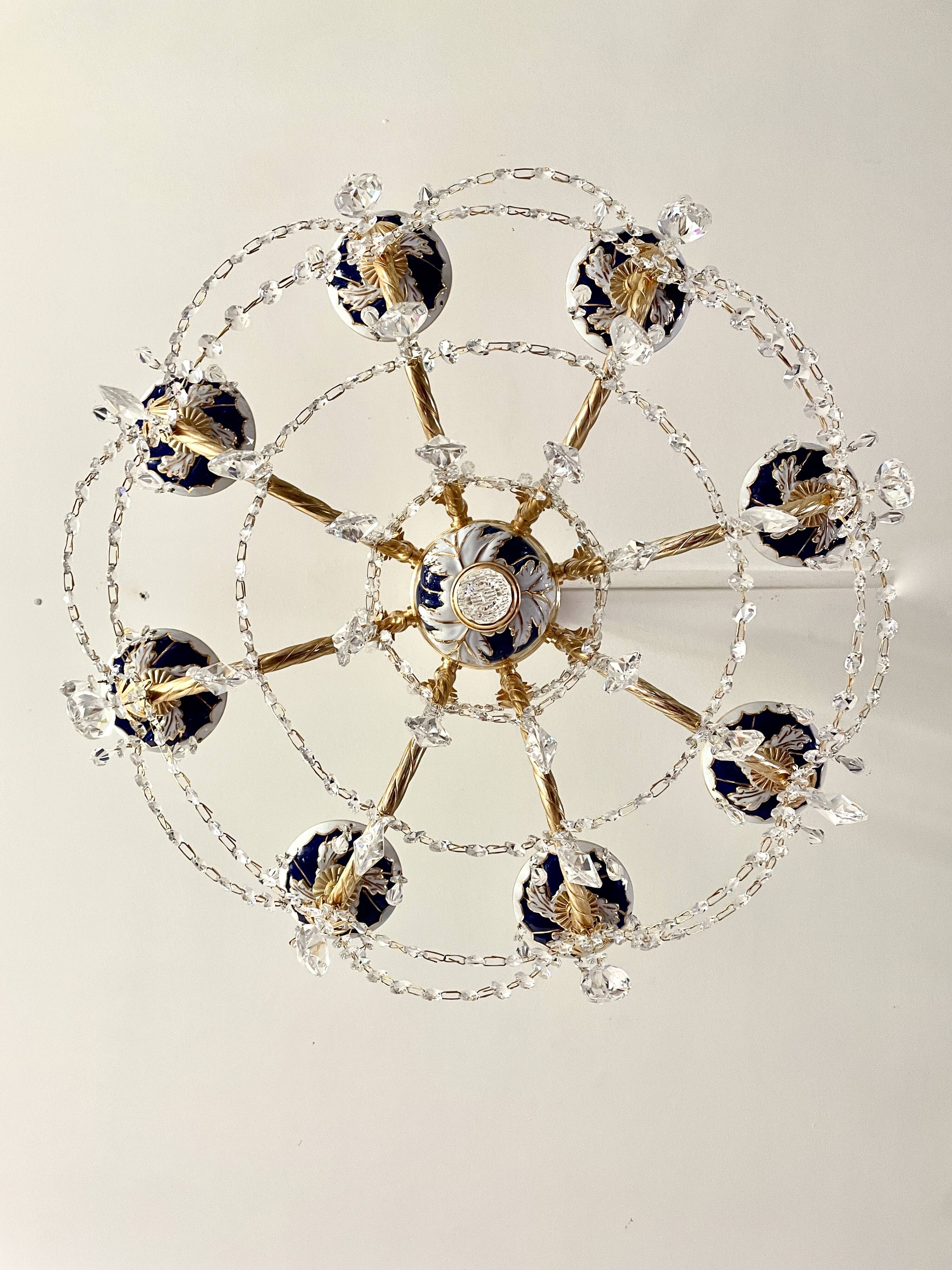 Large Russian chandelier in blue ceramic and crystal pendants, mid-20th century