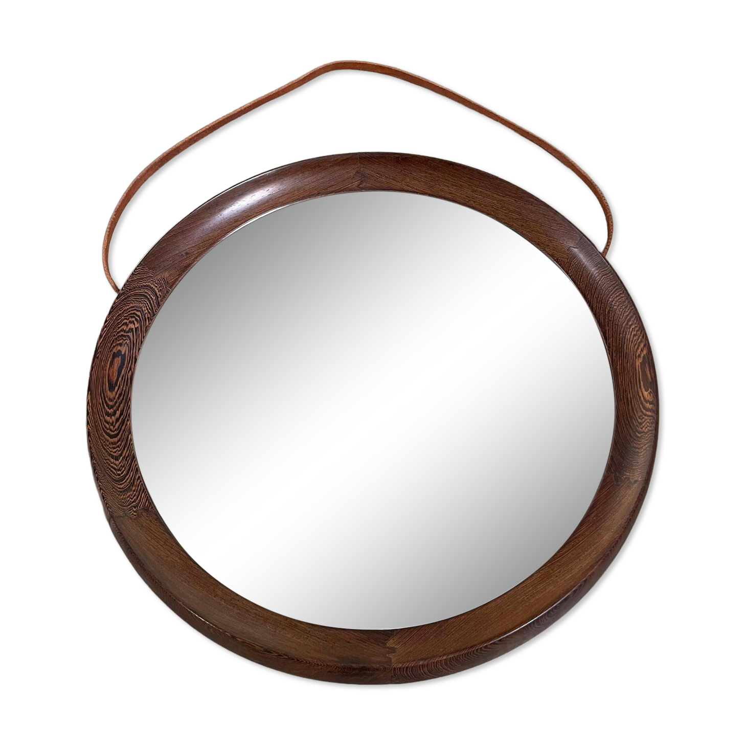 Miroir rond en bois de wengé massif, O.W. Hack Zwolle, Pays-Bas, années 1960