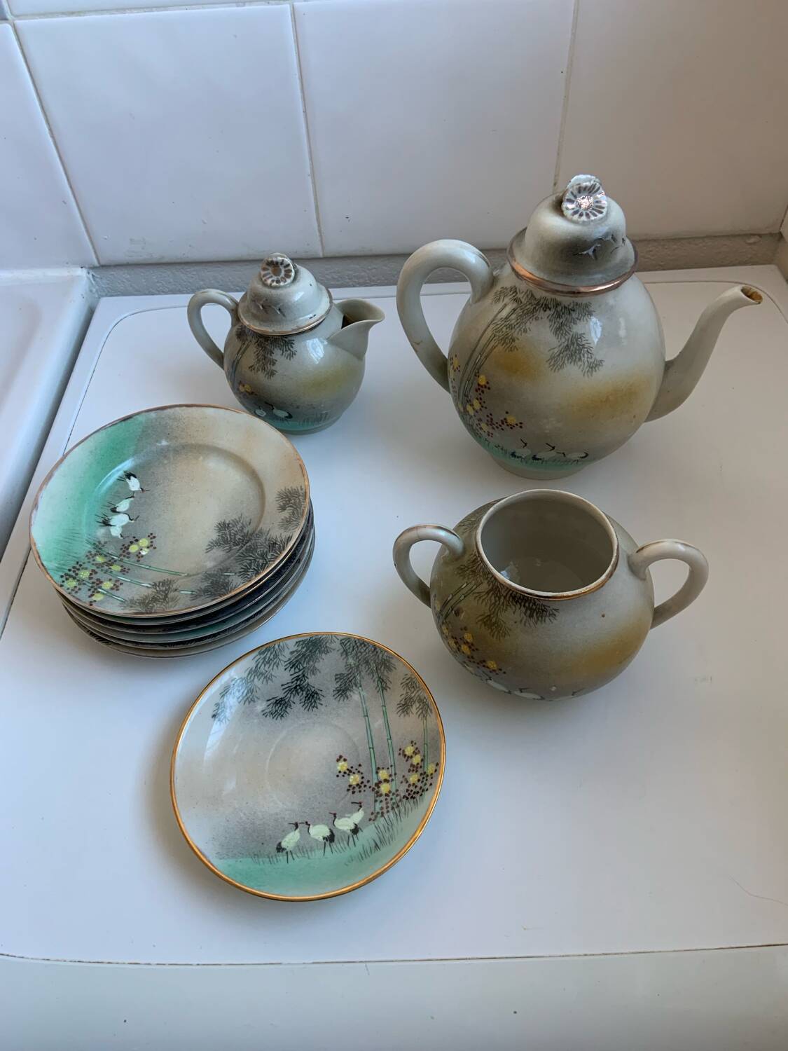 Fine porcelain tea service Japan - Decor of Cranes and Bamboo