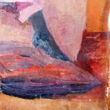 Huile sur toile - non signée - représente une femme assise à côté d'un vase de fleurs.