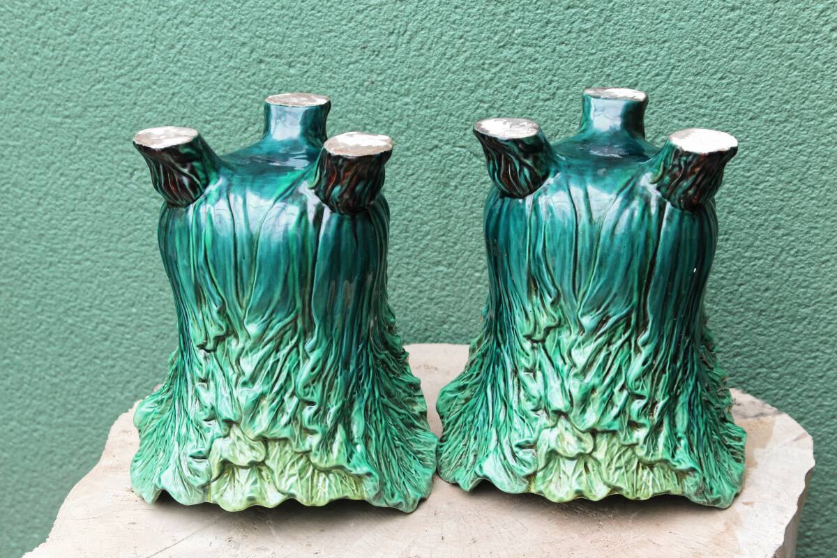 Pair of slip pot covers, cabbage leaves