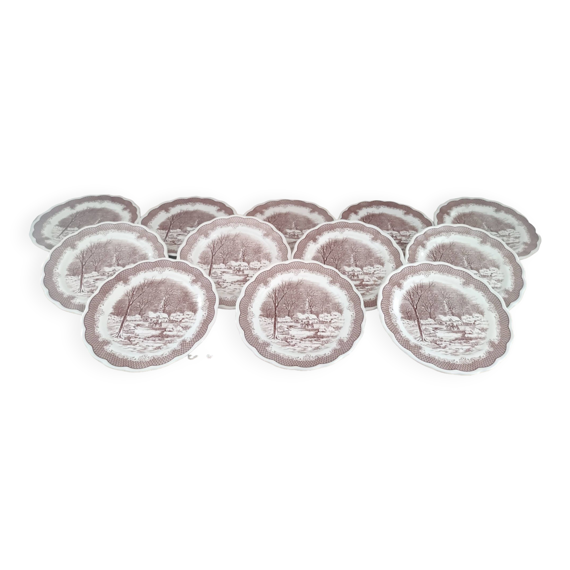 Set of 12 Swiss Landscape HE dinner plates with brown winter decor