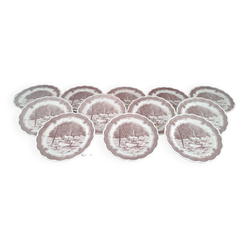 Set of 12 Swiss Landscape HE dinner plates with brown winter decor