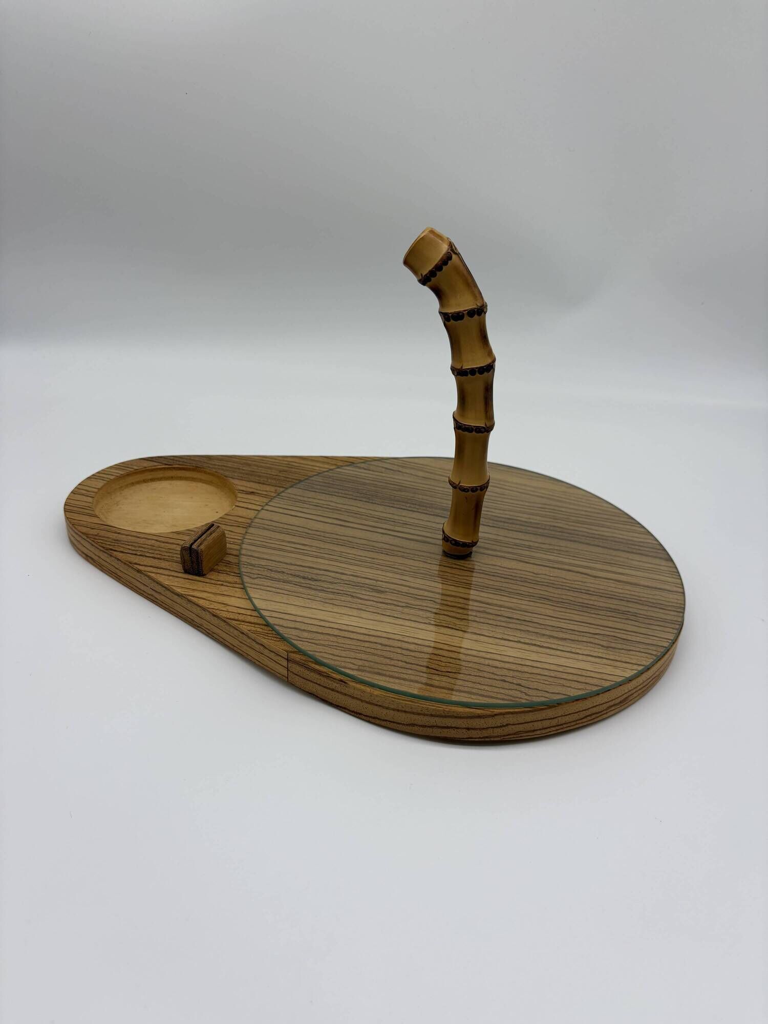Vintage service tray wood, glass and bamboo – 1960s