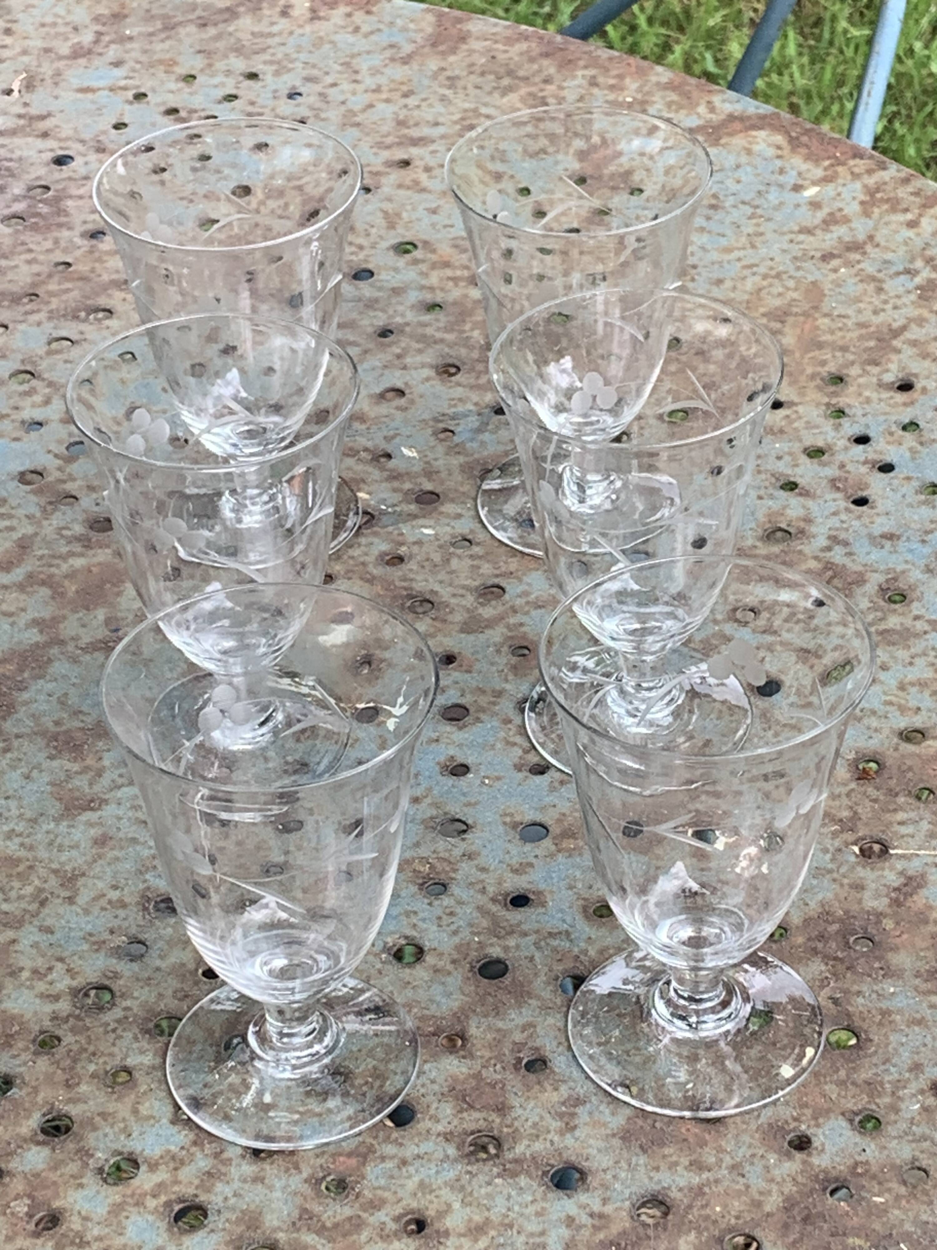 6 large antique wine glasses, chiseled floral pattern,