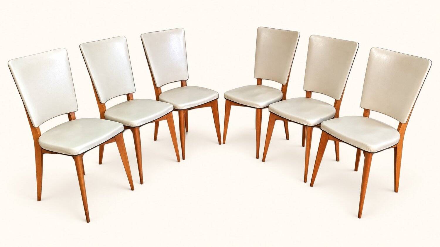 Set of 6 vintage chairs from the 1950s in wood and ivory white faux leather.