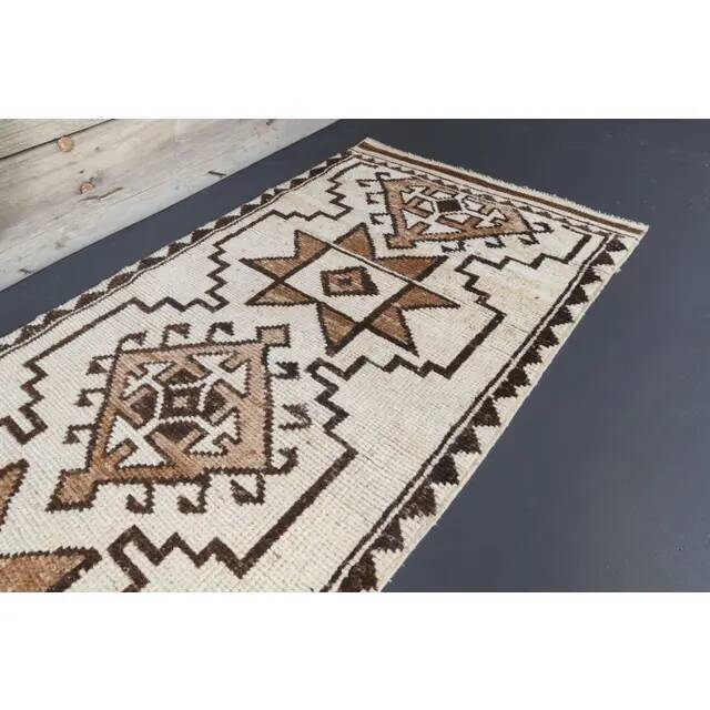 Vintage Turkish Oushak handmade wool cotton white runner rug  91x340