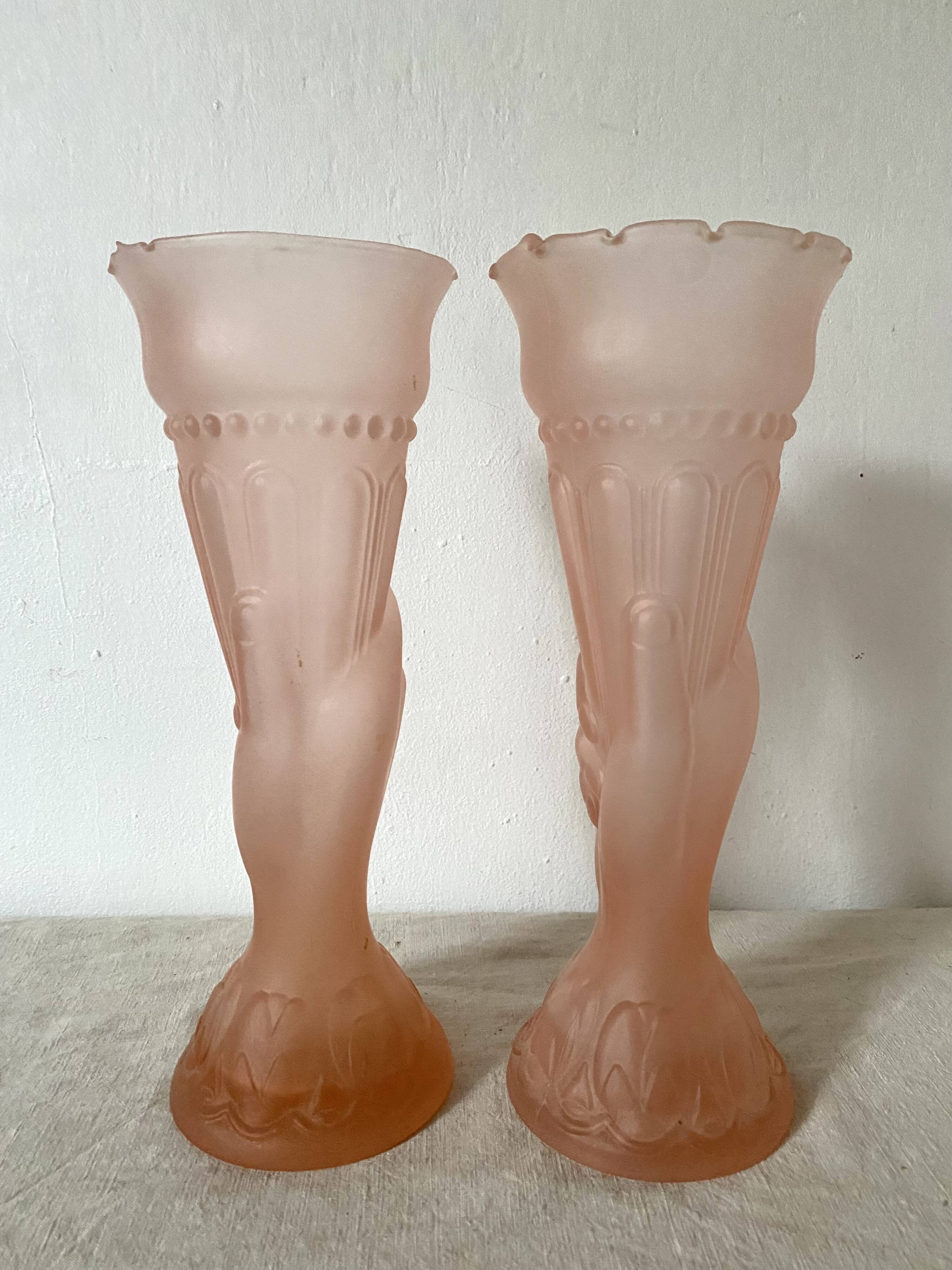 Pair of pink frosted glass torch vases, handmade, art deco