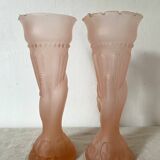 Pair of pink frosted glass torch vases, handmade, art deco